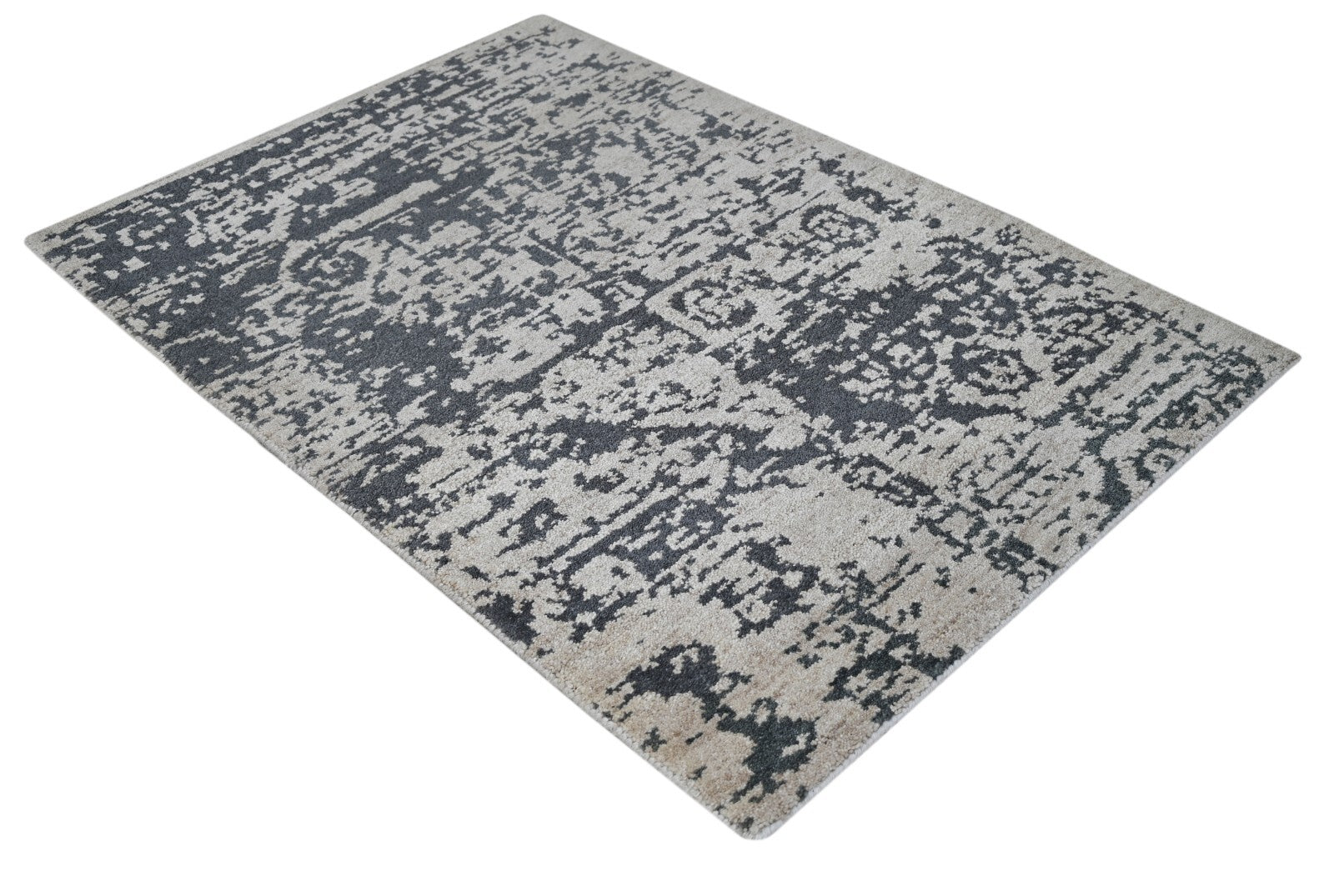 Modernes Handgeknüpfter Wolle 90x150 Vintage Silber Wohnzimmer Teppich SH159