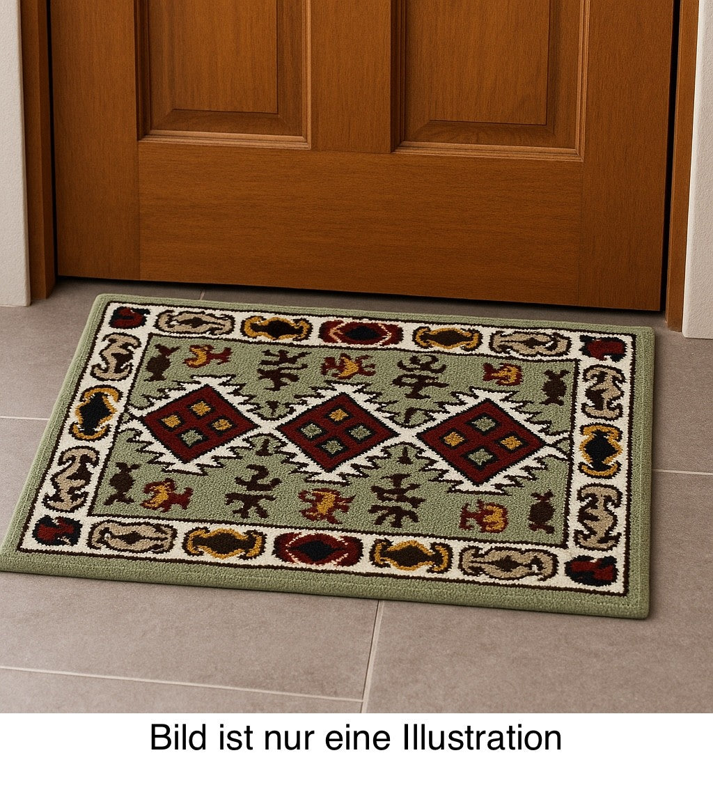 Wollteppich 40x60 Grün Beige Oriental Handgemacht Türvorleger Fussmatte HT377G