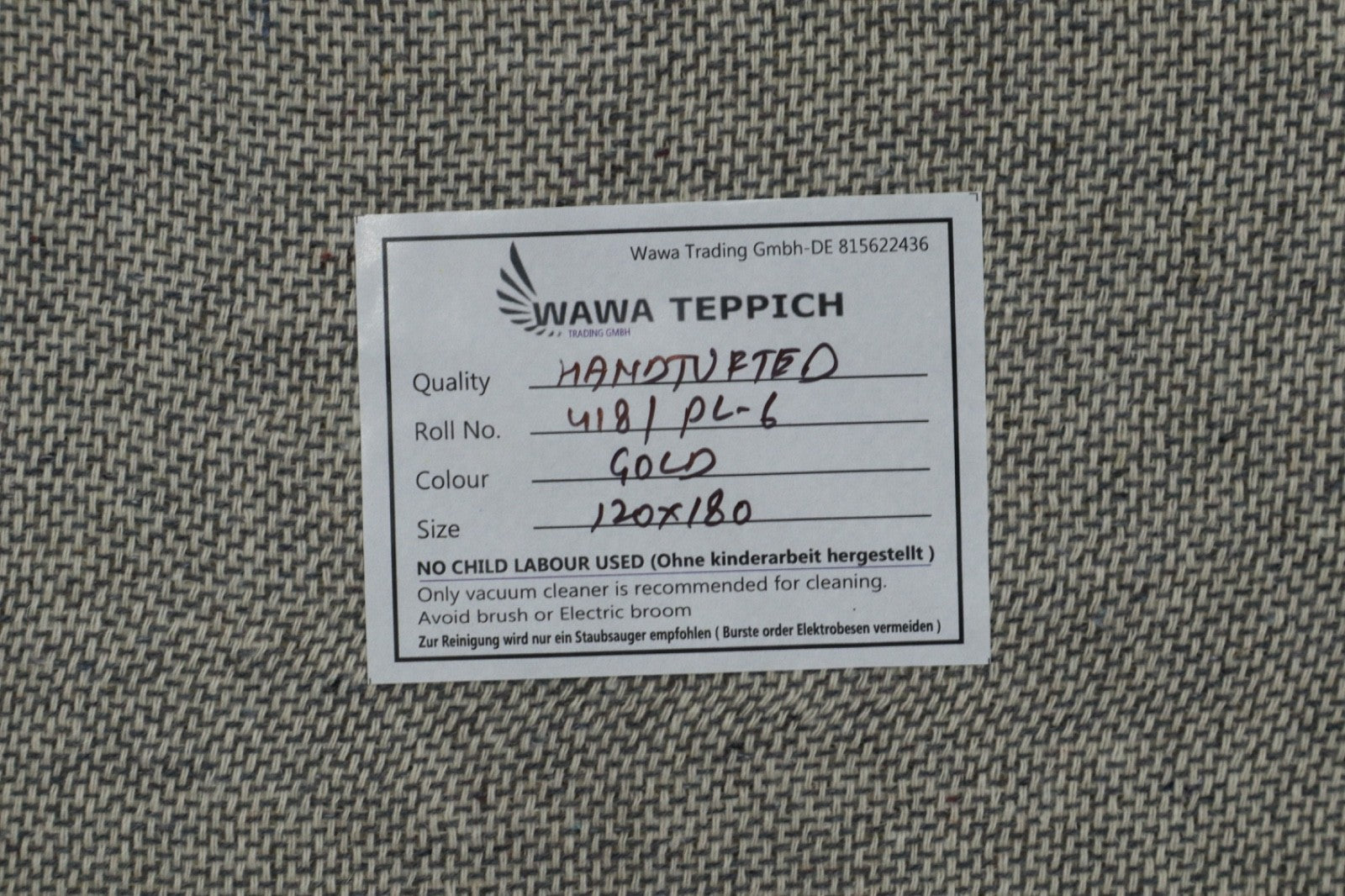 Gabbeh Teppich 100% Wolle Gold Uni Farbe 120x180 cm Handgemacht PL6