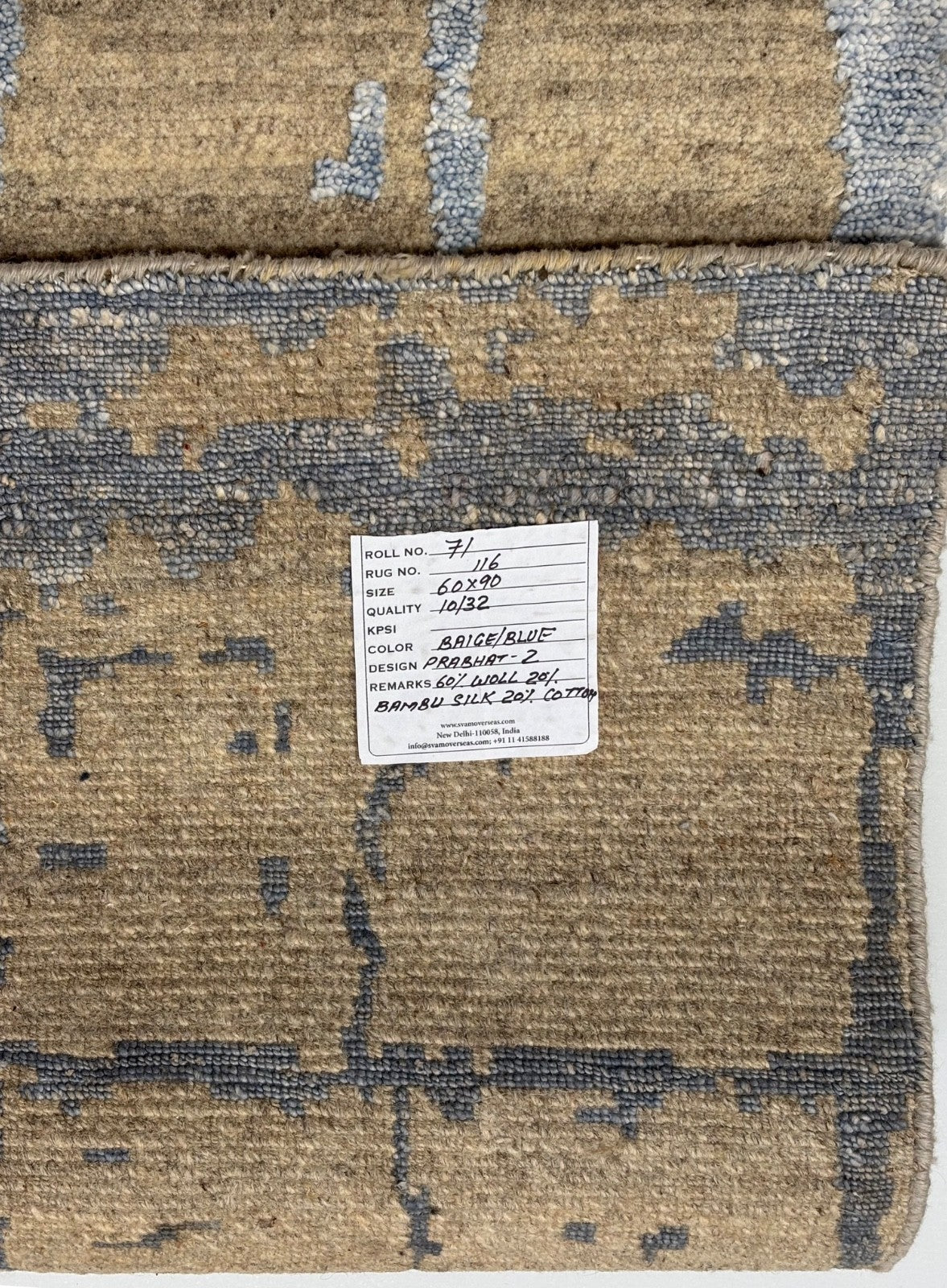 Handgeknüpfter Design Teppich 60x90 Beige Blau Wolle Bambus Seidenglanz R116