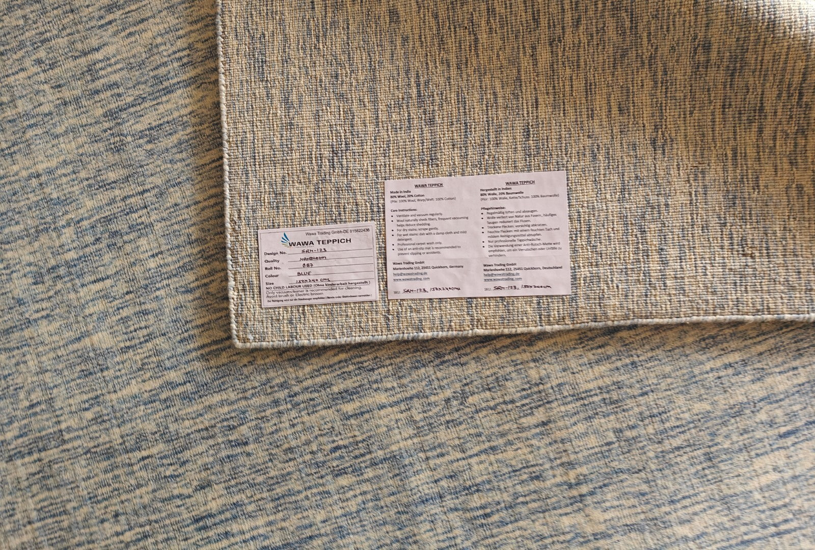 Ar rokām austs paklājs 150x240 zils spīdīgs vilnas-viskozes raksts viesistabai SH123