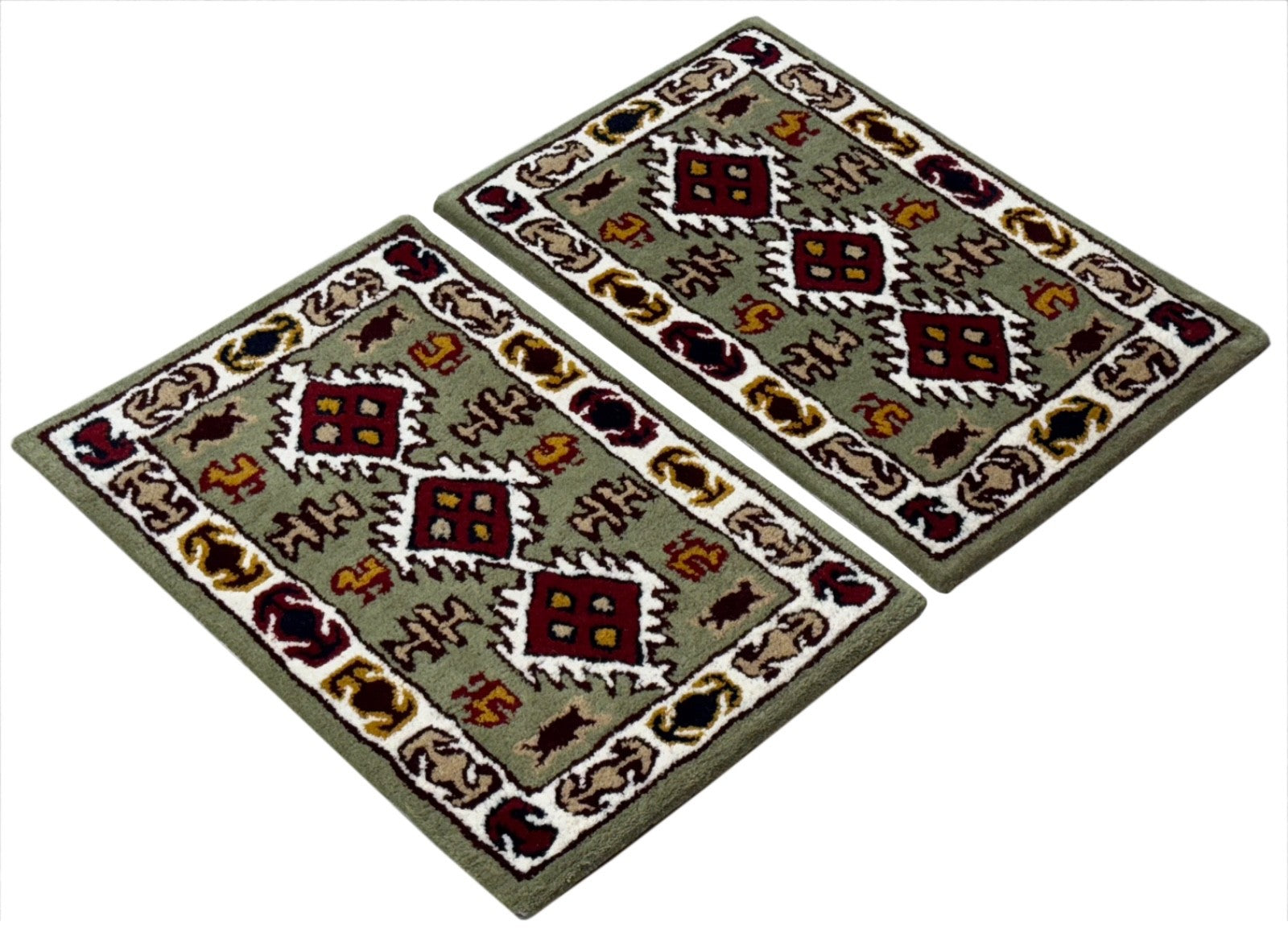 Wollteppich 40x60 Grün Beige Oriental Handgemacht Türvorleger Fussmatte HT377G