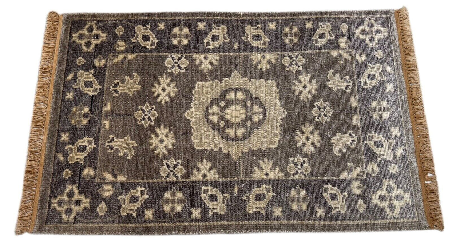 Handgeknüpfter Wollteppich 60x90 cm Kurzflor Modern Grau Beige Teppich st152
