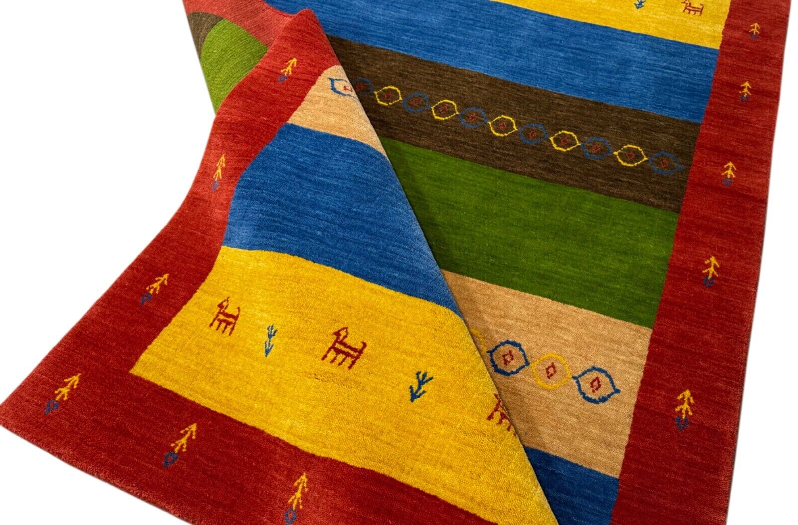 Bunt Gabbeh Teppich 100% Wolle 120x180 cm Rot Gold Blau Orient Handgewebt BR12