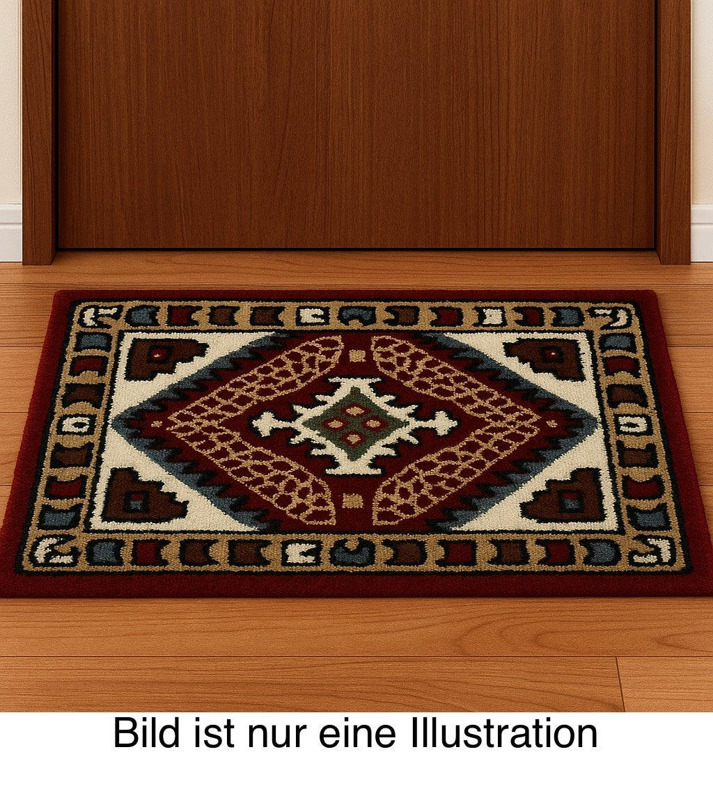 Wollteppich 40x60 Rot Beige Oriental Handgemacht Türvorleger Fussmatte HT376R