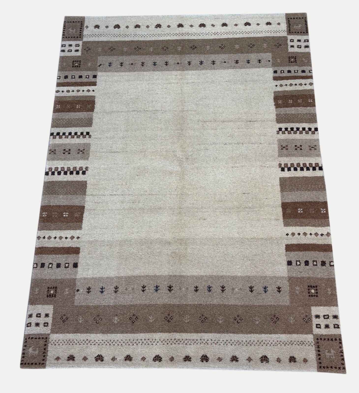 Gabbeh Wollteppich 170x240cm Handgeknüpft 100% Wolle Naturfarbe Beige ST30