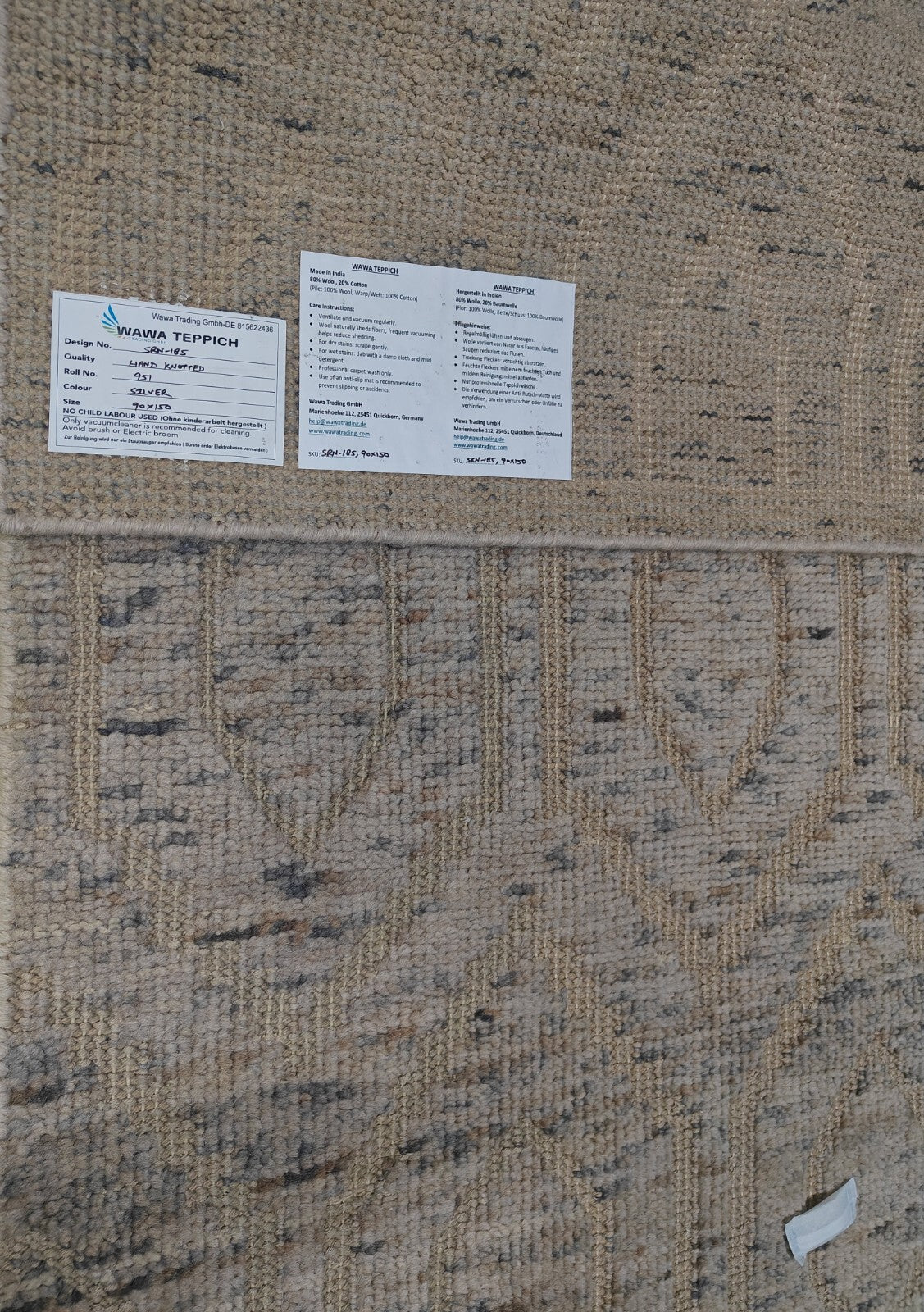 Modernes Handgeknüpfter Wolle 90x150 Vintage Silber Wohnzimmer Teppich SH185