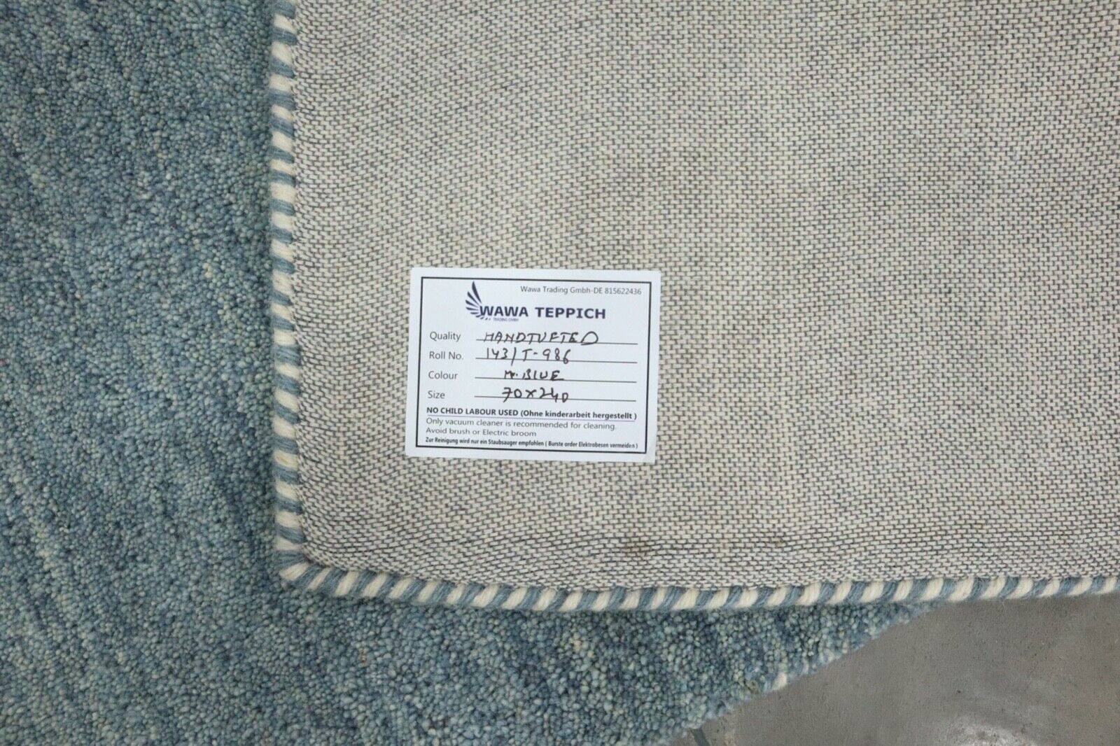 Hell Blau Brücke Teppich 100% Wolle 70X240 cm Handarbeit Läufer T986