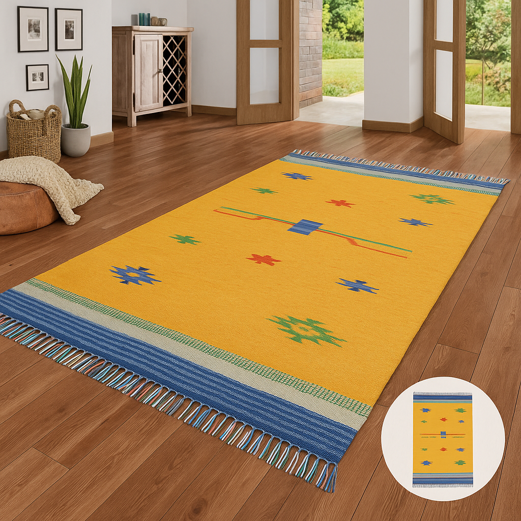 Kelim Teppich 100% Baumwolle flach gewebt mit Fransen Kilim Dhurrie 8 Designs CT