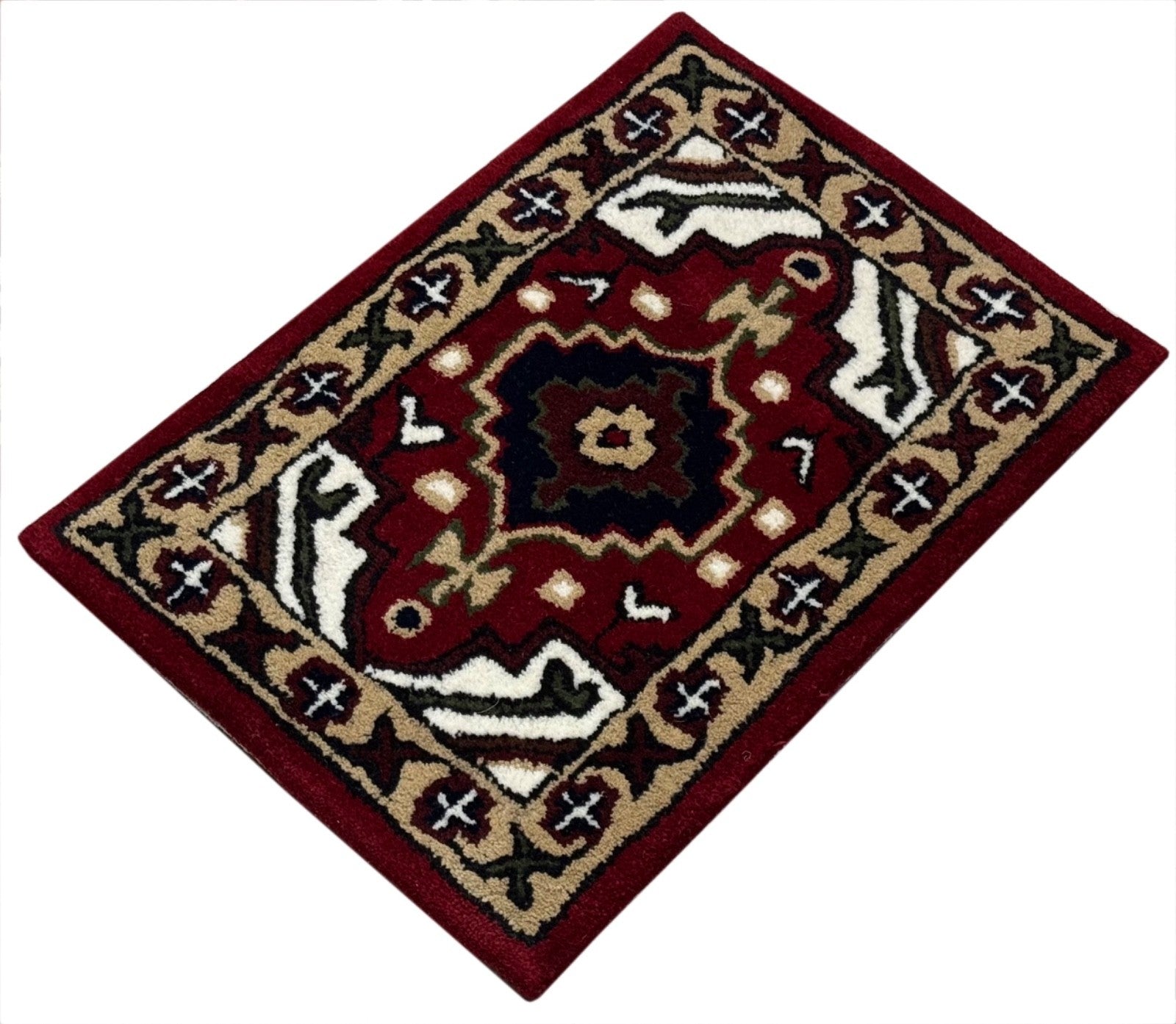 Wollteppich 40x60 Rot Beige Oriental Handgemacht Türvorleger Fussmatte HT372R