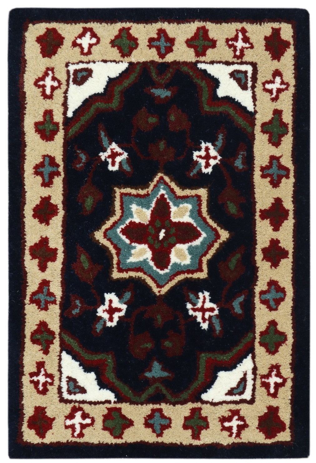 Wollteppich 40x60 Blau Beige Oriental Handgemacht Türvorleger Fussmatte HT371B