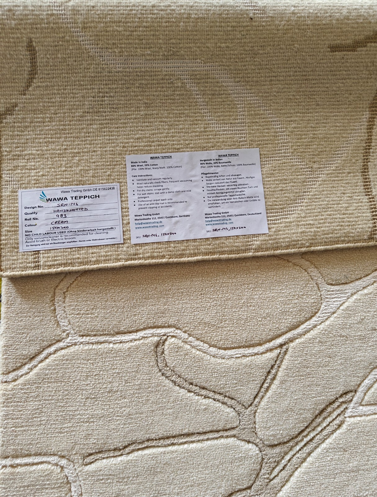 Modernes Handgeknüpfter Wolle 150x240 Vintage Creme Wohnzimmer Teppich SH146