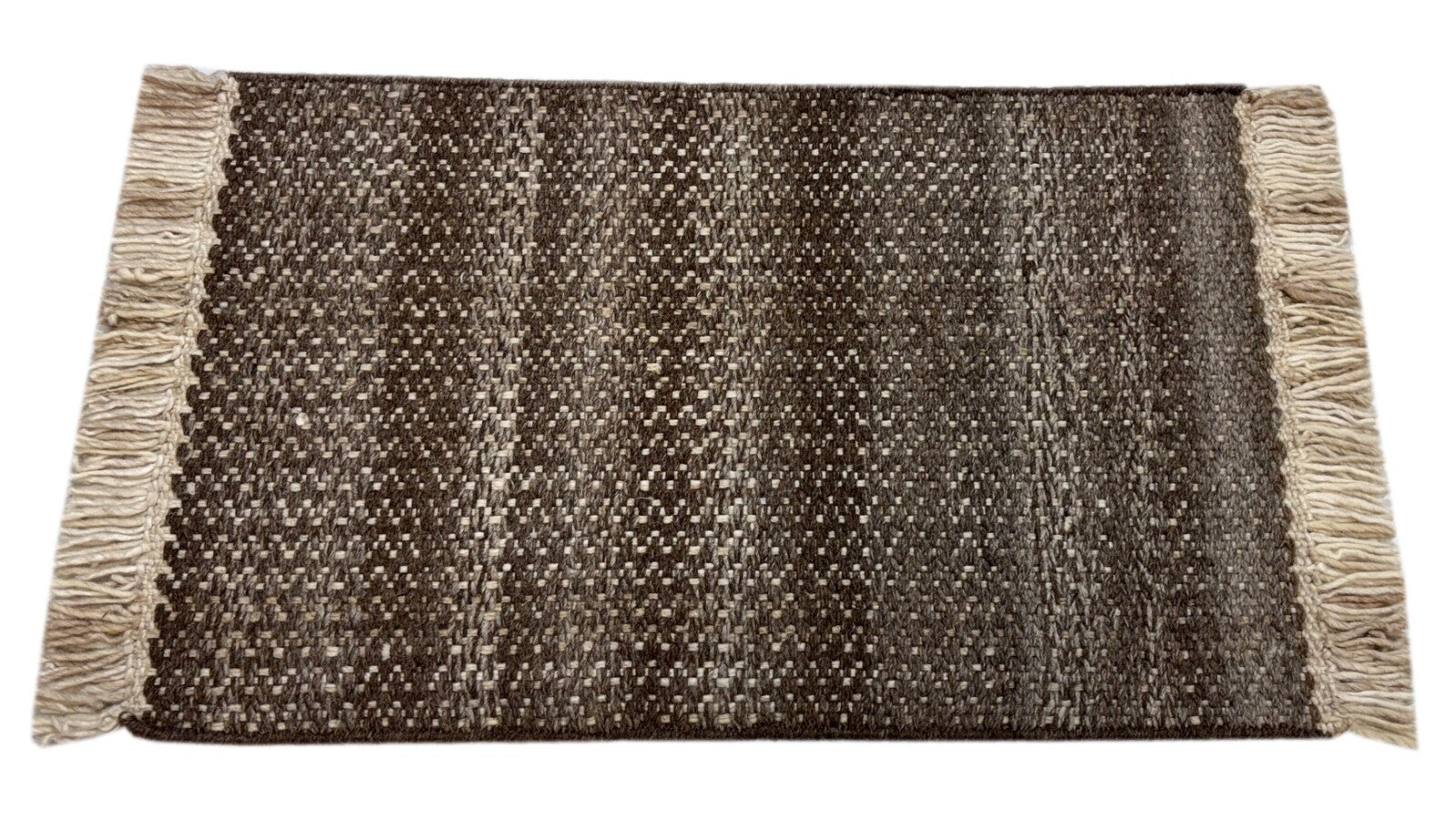 Volnena preproga 60x90 rjavo-bež ročno vozlana preproga z ravnim tkanjem in resicami