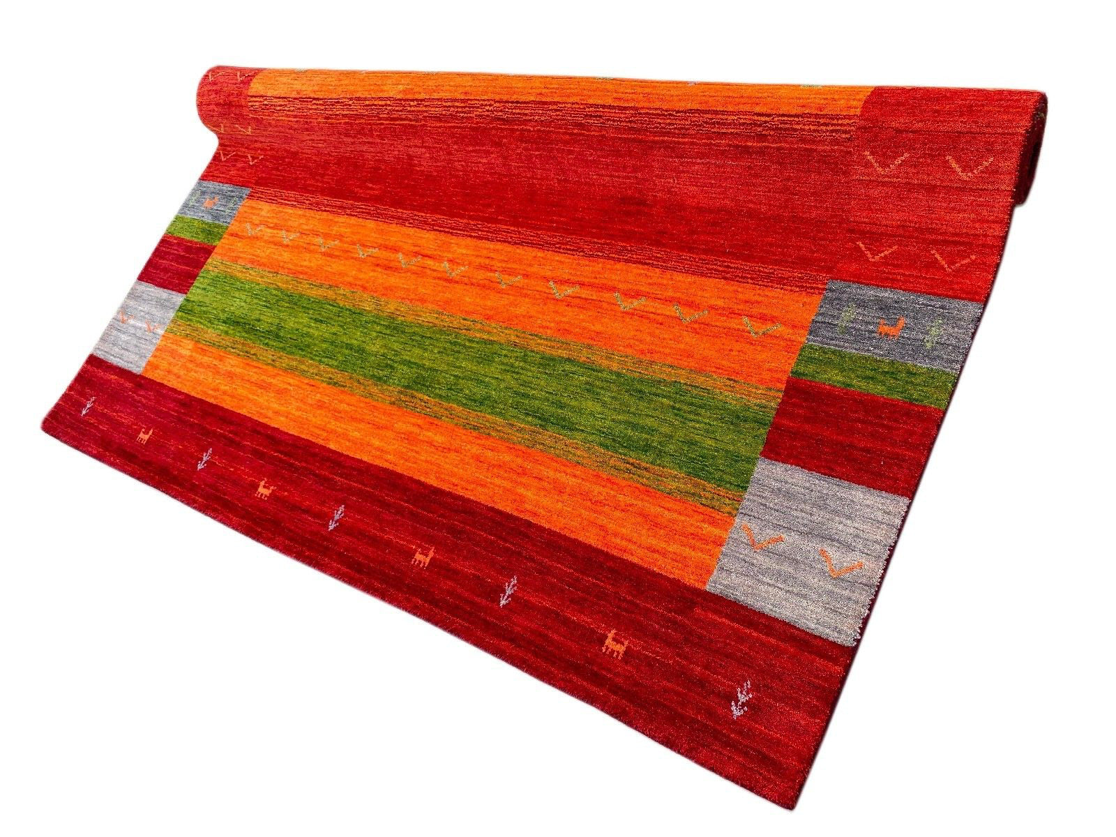 Gabbeh Teppich 100% Wolle 200x250 cm Rot Grün Handgewebt Orientteppich Bunt 108