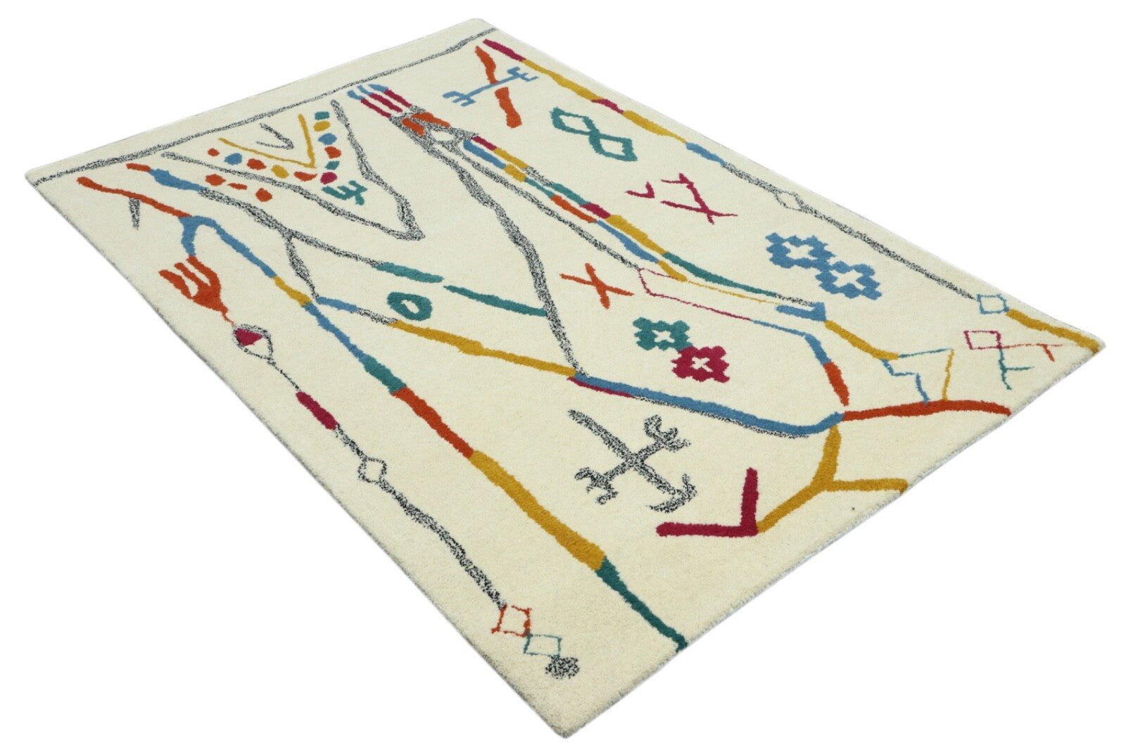 Wollteppich 120x180 Beige Bunt Berber Muster Marokko Stil Teppich Handgetuftet