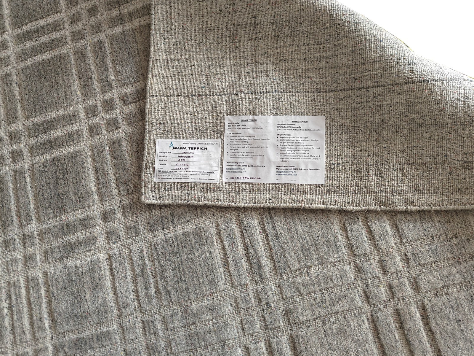 Handgewebter Teppich 170x240 Grau Glanzoptik Woll-Viskosem Wohnzimmer SH105