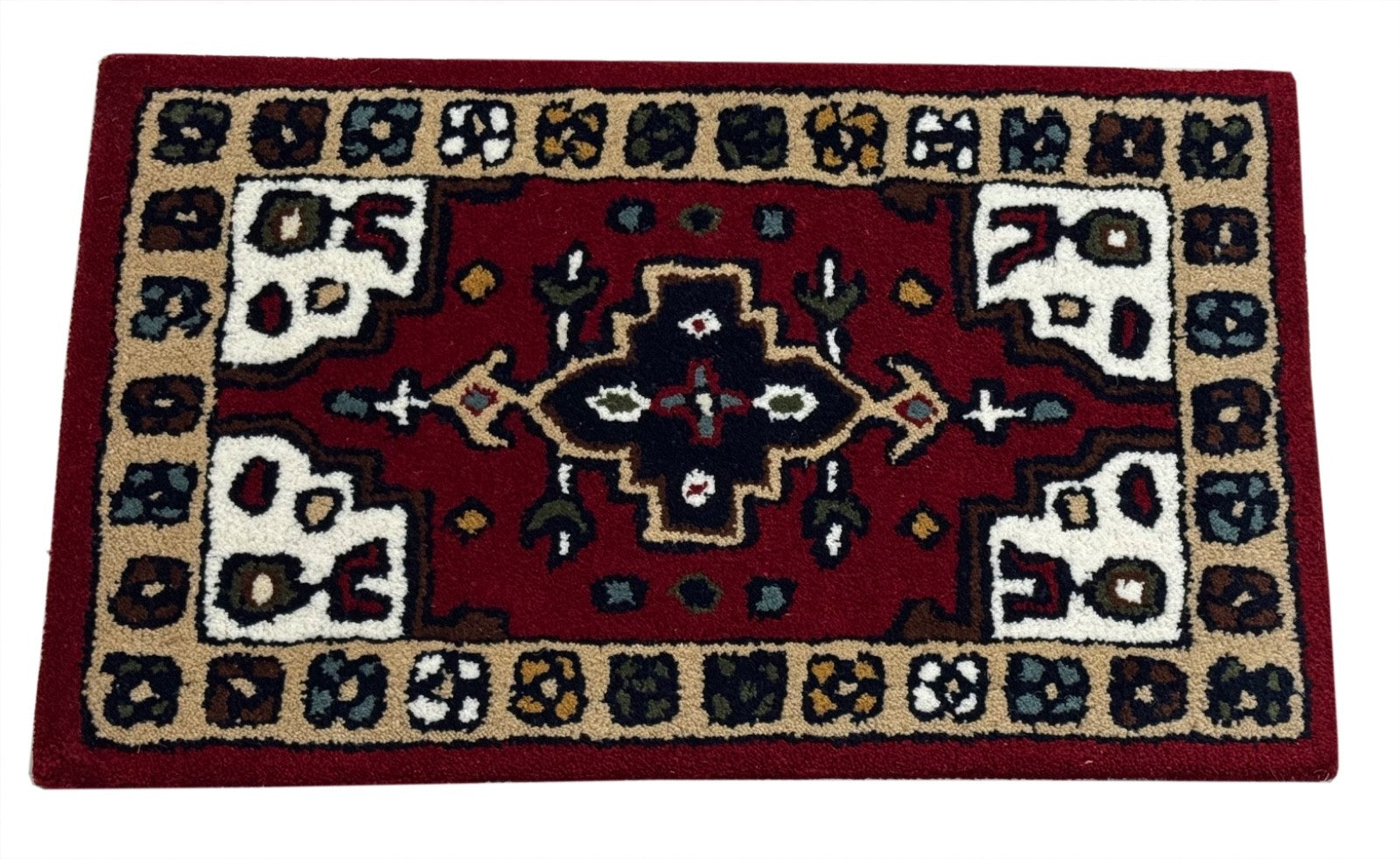 Wollteppich 40x60 Rot Beige Oriental Handgemacht Türvorleger Fussmatte HT373R