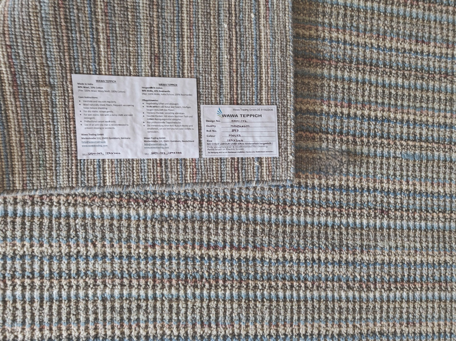 Handgewebter Teppich 150x240 blau-multi Glanzoptik Wolle Flach Wohnzimmer SH102