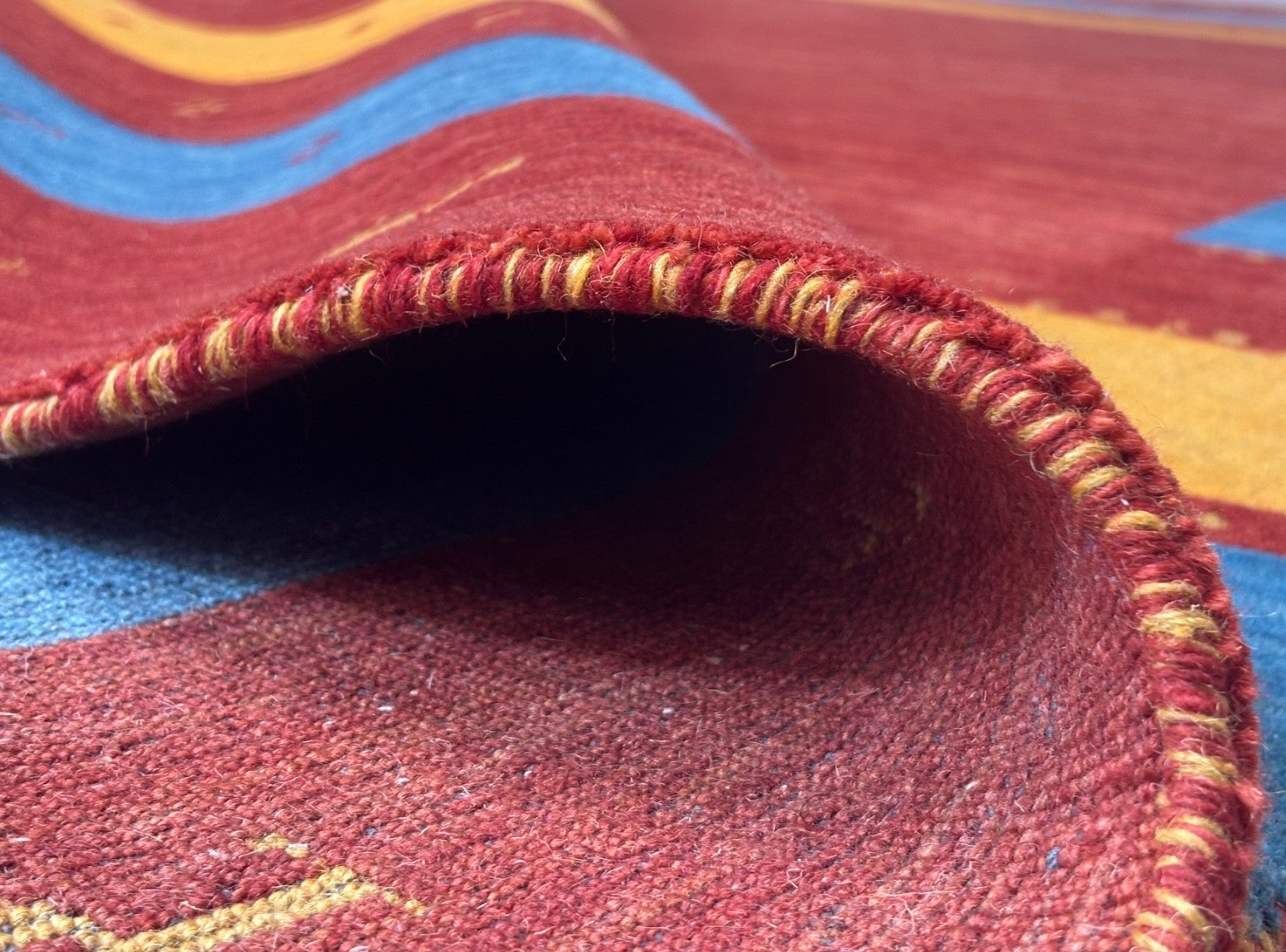 Wollteppich 200x300 Rot Blau Gelb Handgewebt Modern Unikat Orient Teppich