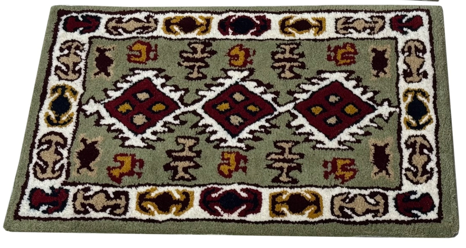 Wollteppich 40x60 Grün Beige Oriental Handgemacht Türvorleger Fussmatte HT377G