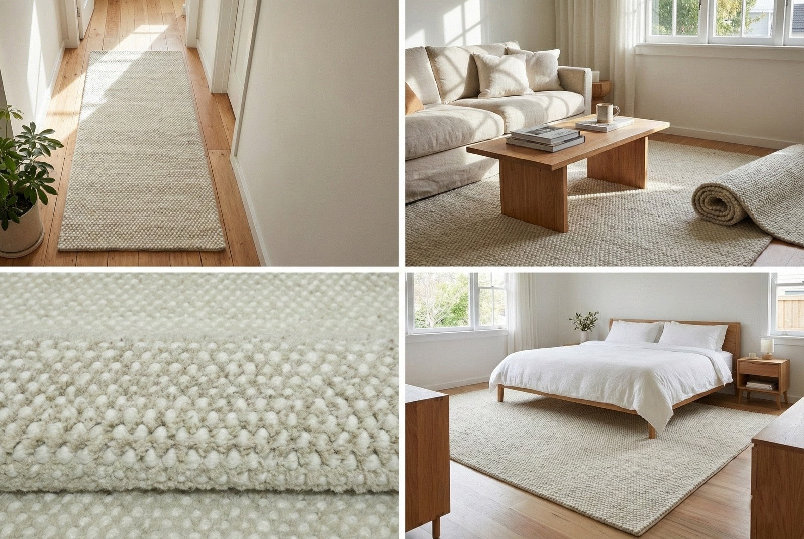 Silber Design Teppich Läufer 100% Wolle Handgewebt Beige Creme Weich D727