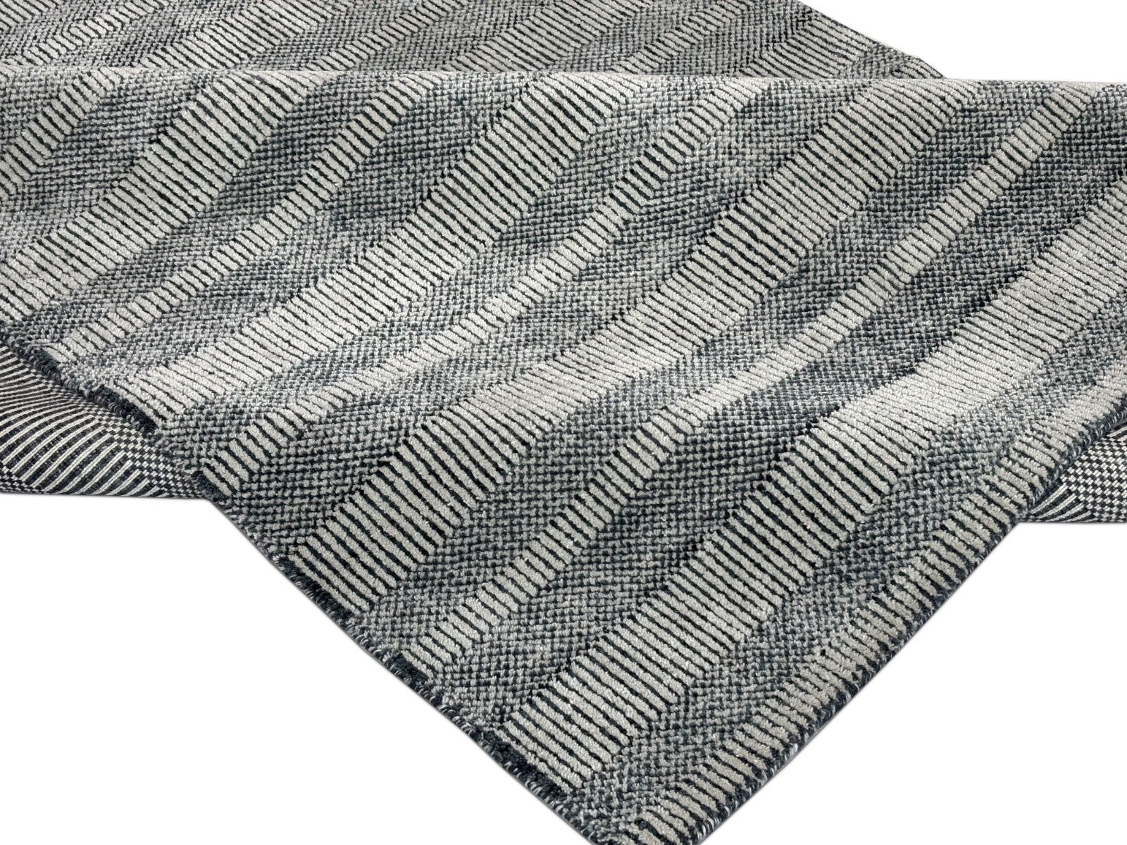 Teppich 170x240 Grau Schwarz Gestreift Handgewebt Wolle Viskose Modern R23