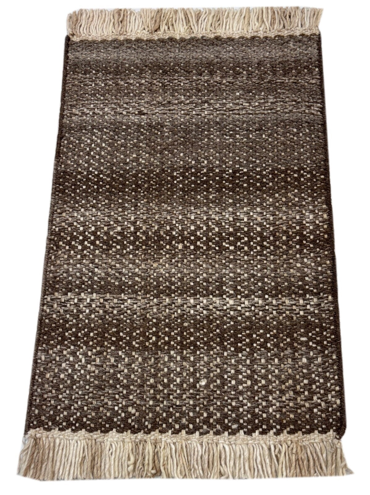 Volnena preproga 60x90 rjavo-bež ročno vozlana preproga z ravnim tkanjem in resicami
