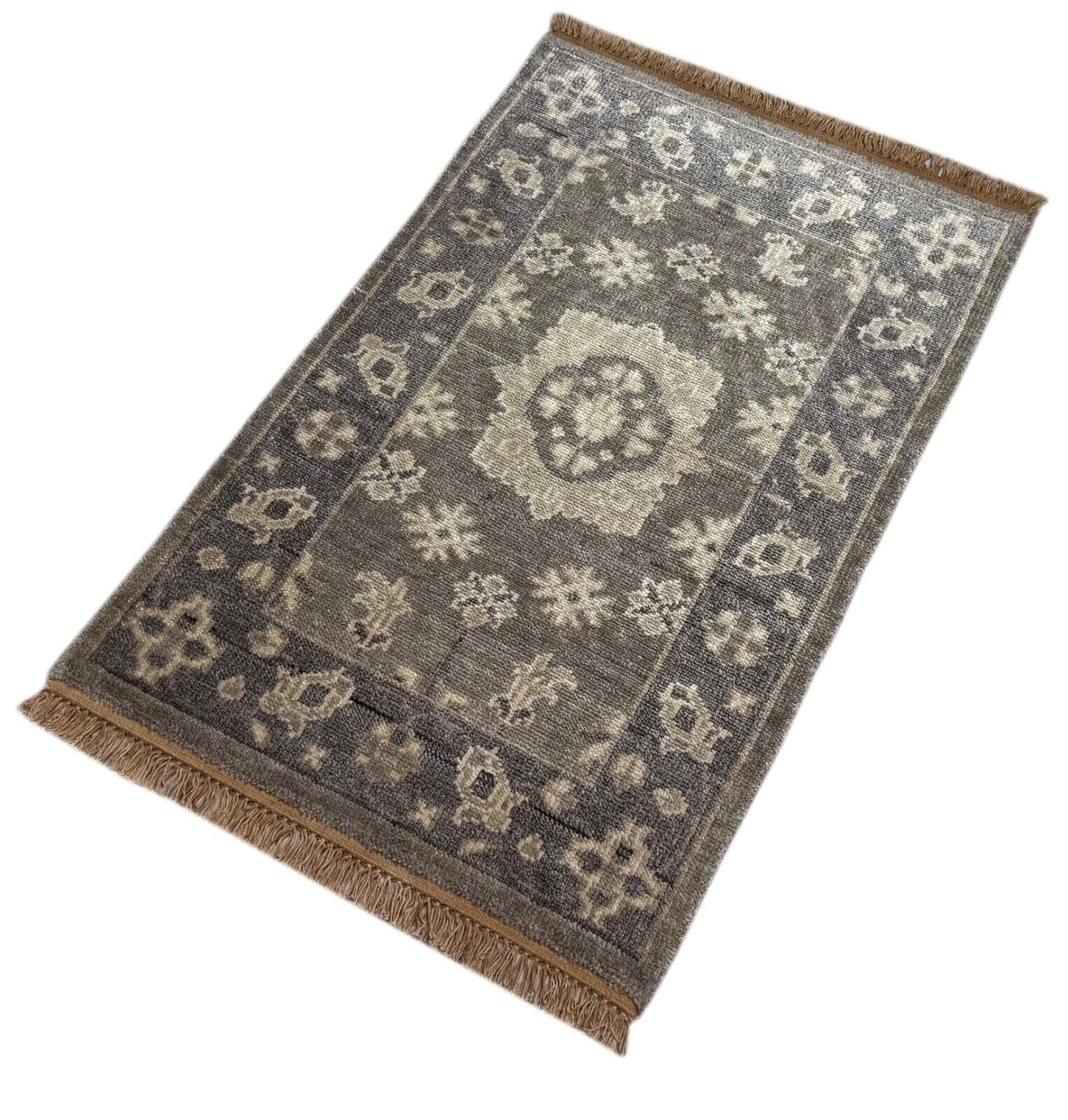 Handgeknüpfter Wollteppich 60x90 cm Kurzflor Modern Grau Beige Teppich st152