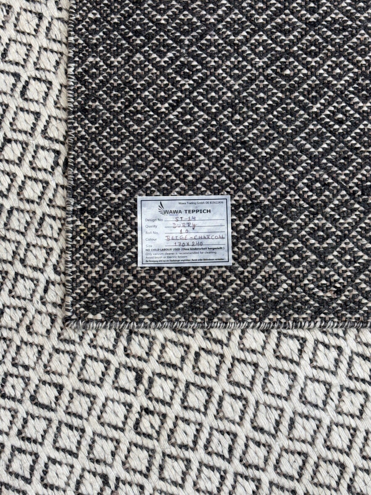 Flachgewebter Kilim Teppich 170x240cm 100% Wolle Beige Dunkelgrau ST14