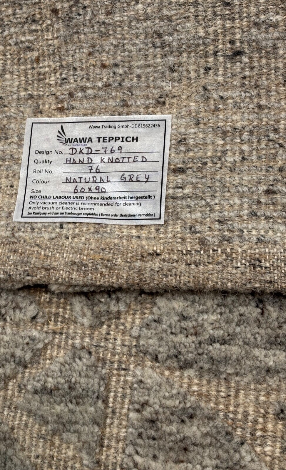 Handgeknüpfter Wollteppich 60x90cm Naturgrau Modern Geometrisch D769