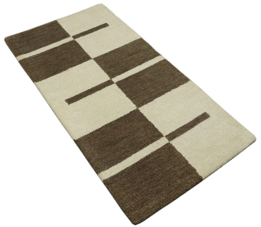 Teppich 100% Wolle 70X140 cm Handarbeit Beige Kaffeefarbe Handgetuftet T1007