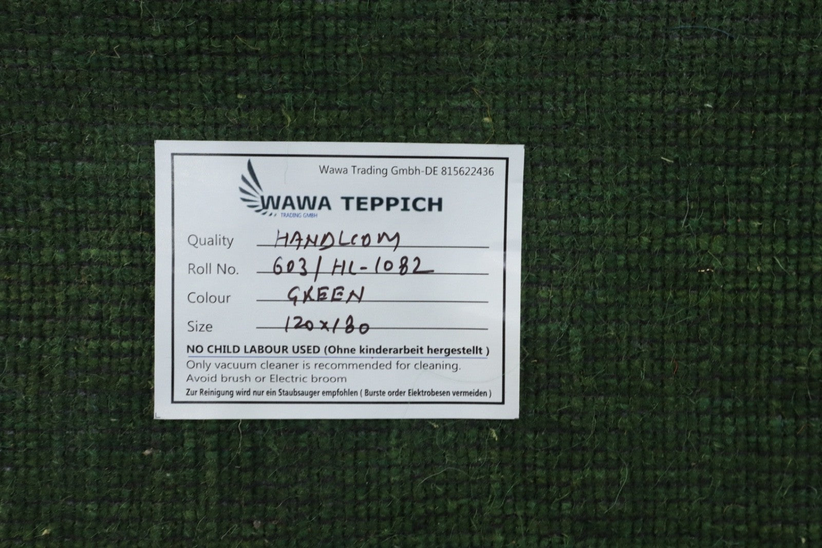 Handgewebter Gabbeh Teppich 100% Wolle Grün Unifarben 120x180 cm HL1082