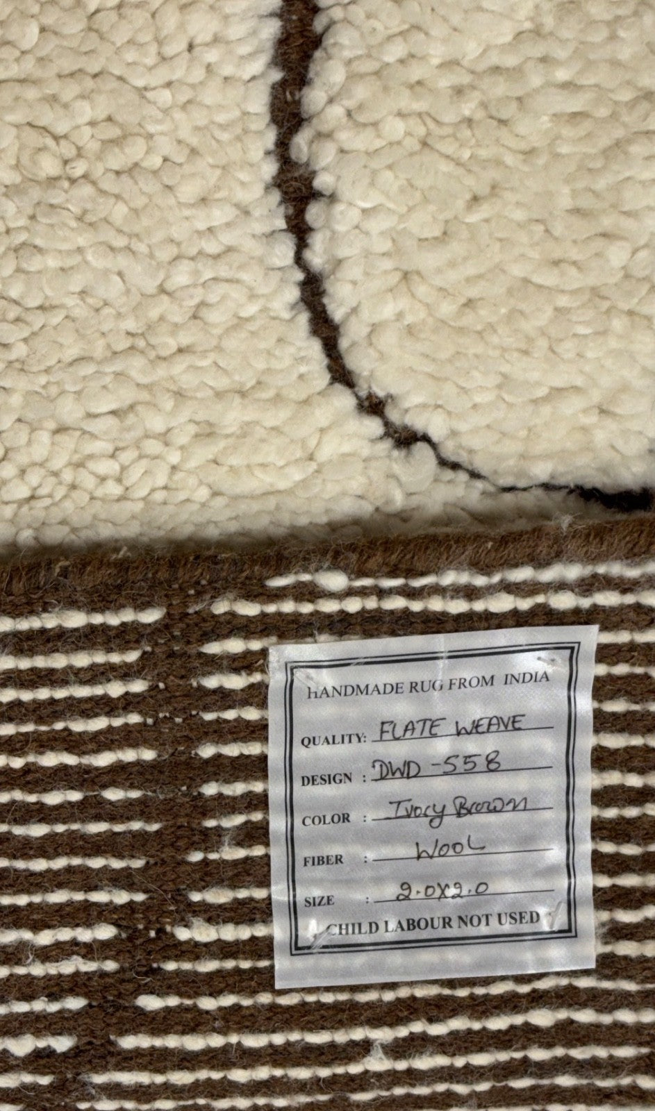 Handgefertigter Teppich 60x60 cm 100 % Wolle Weicher  Ivory & Braun D558