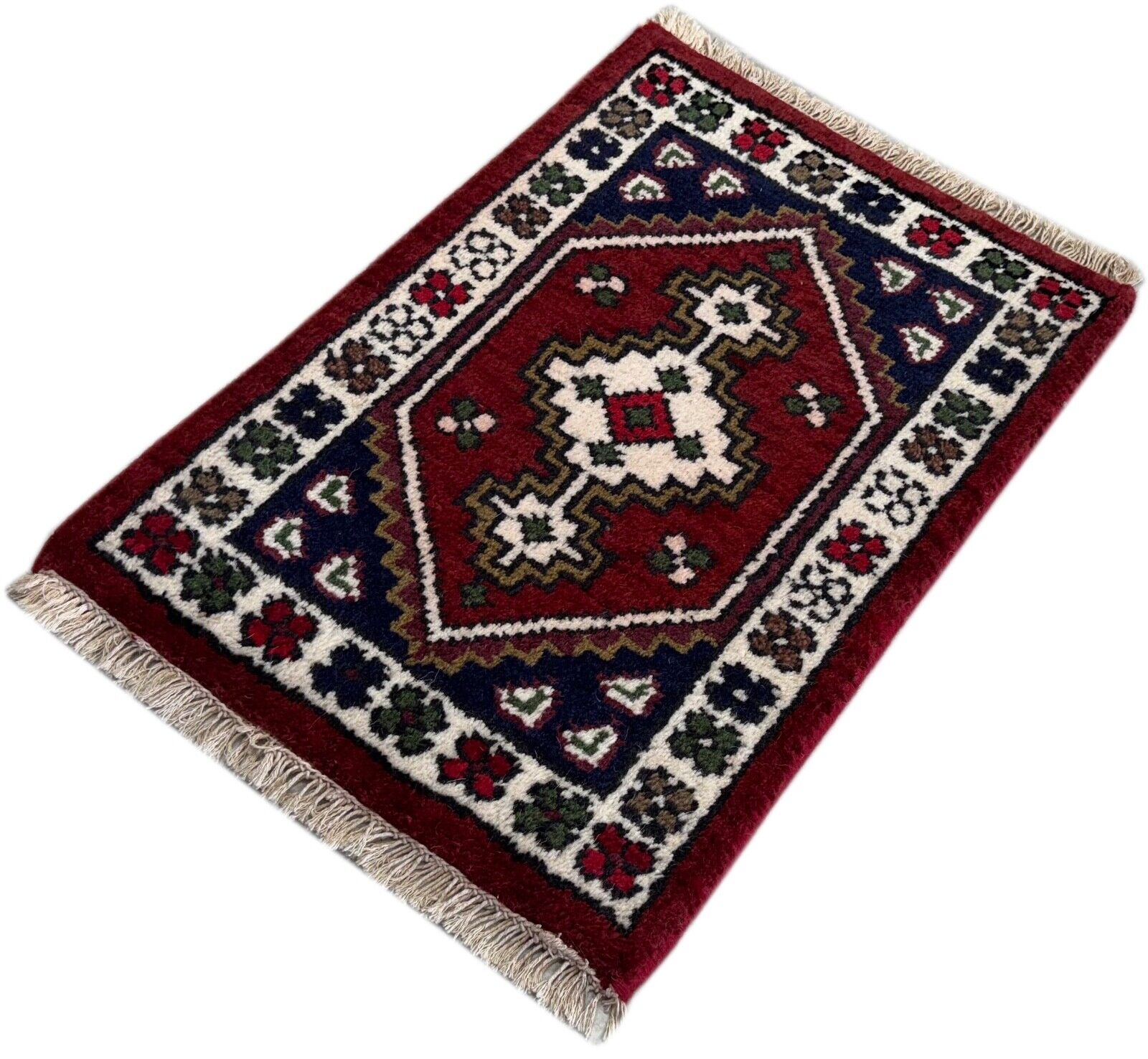 Brücke Teppich 40x60 cm Handgeknüpft Fußmatte Automatte 100% Wolle Rot Blau PH41