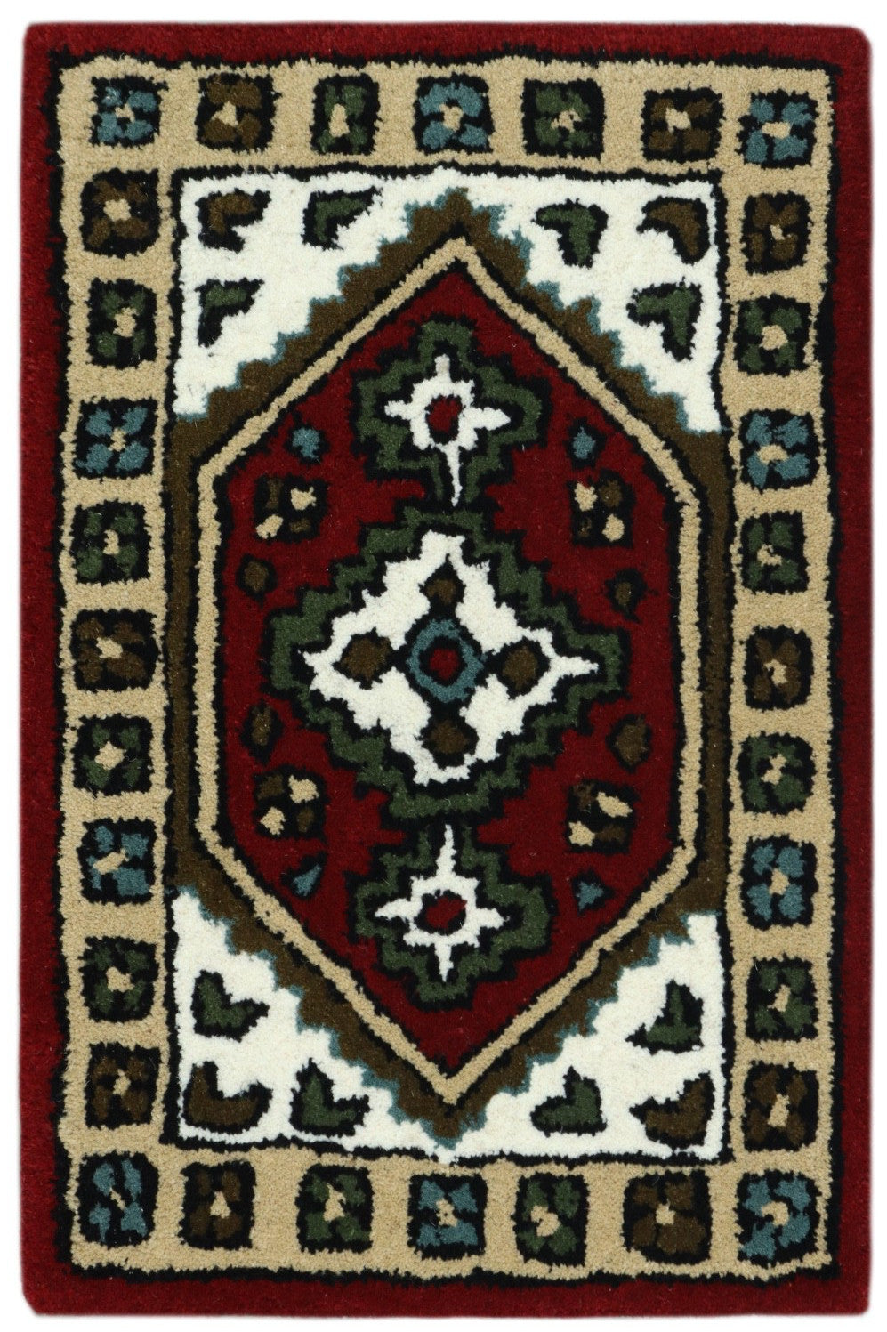 Wollteppich 40x60 Rot Beige Oriental Handgemacht Türvorleger Fussmatte HT374R