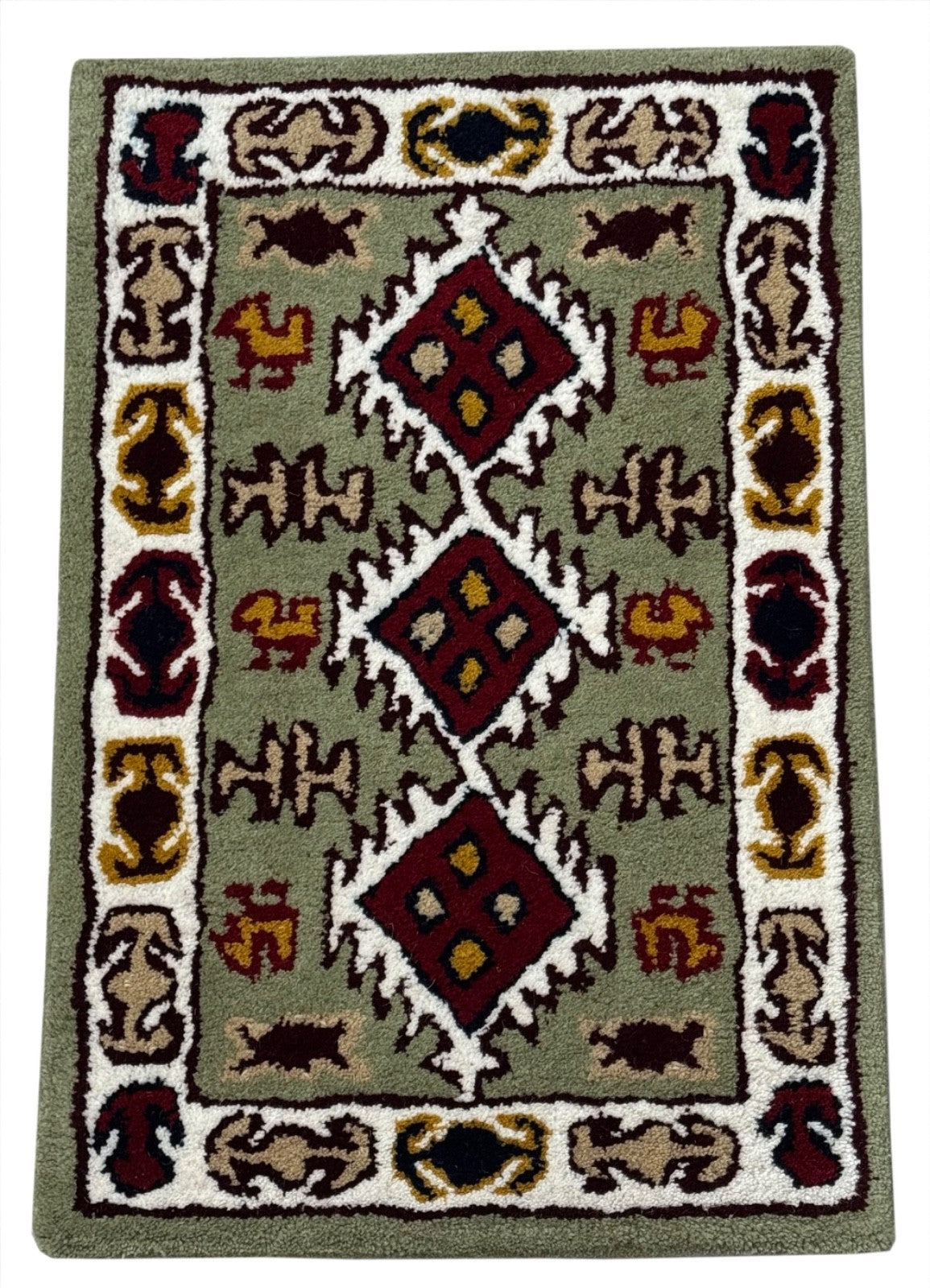 Wollteppich 40x60 Grün Beige Oriental Handgemacht Türvorleger Fussmatte HT377G