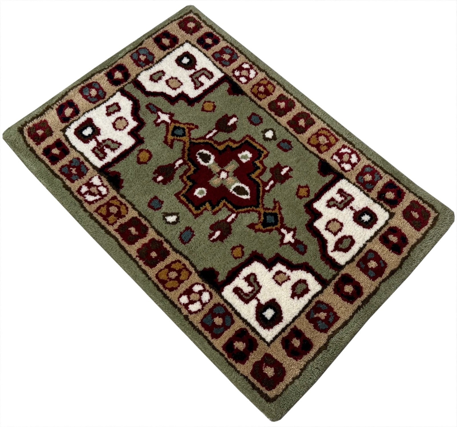 Wollteppich 40x60 Grün Beige Oriental Handgemacht Türvorleger Fussmatte HT373G