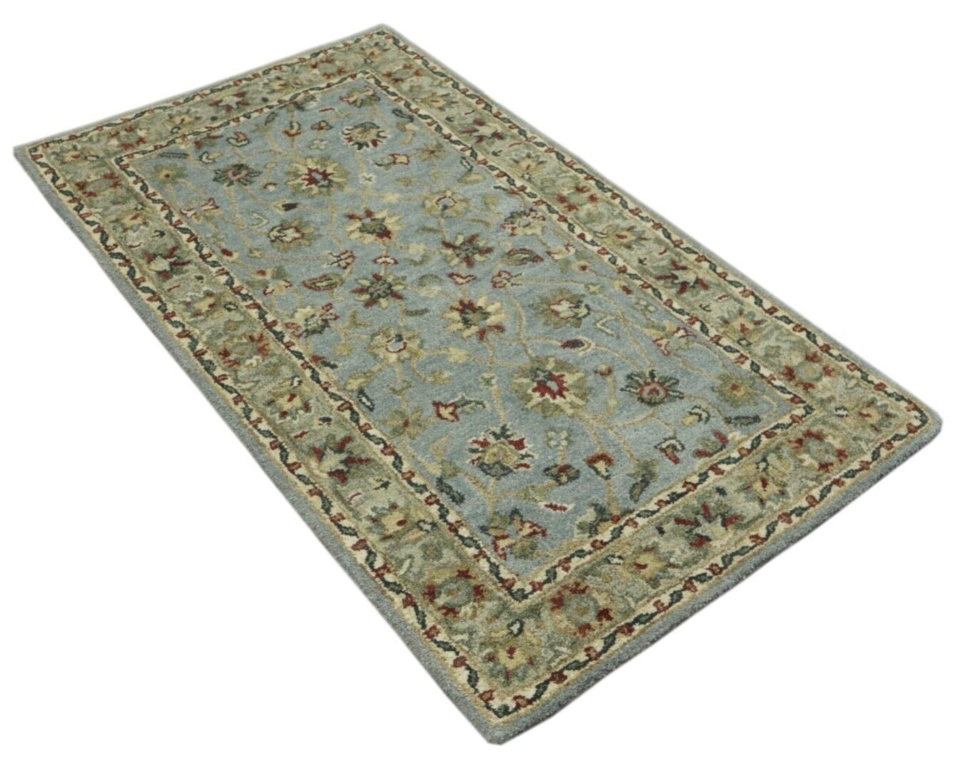 Grau Hell Blau Orient Teppich 100% Wolle 90X160 cm Handarbeit Handgetuftet T981