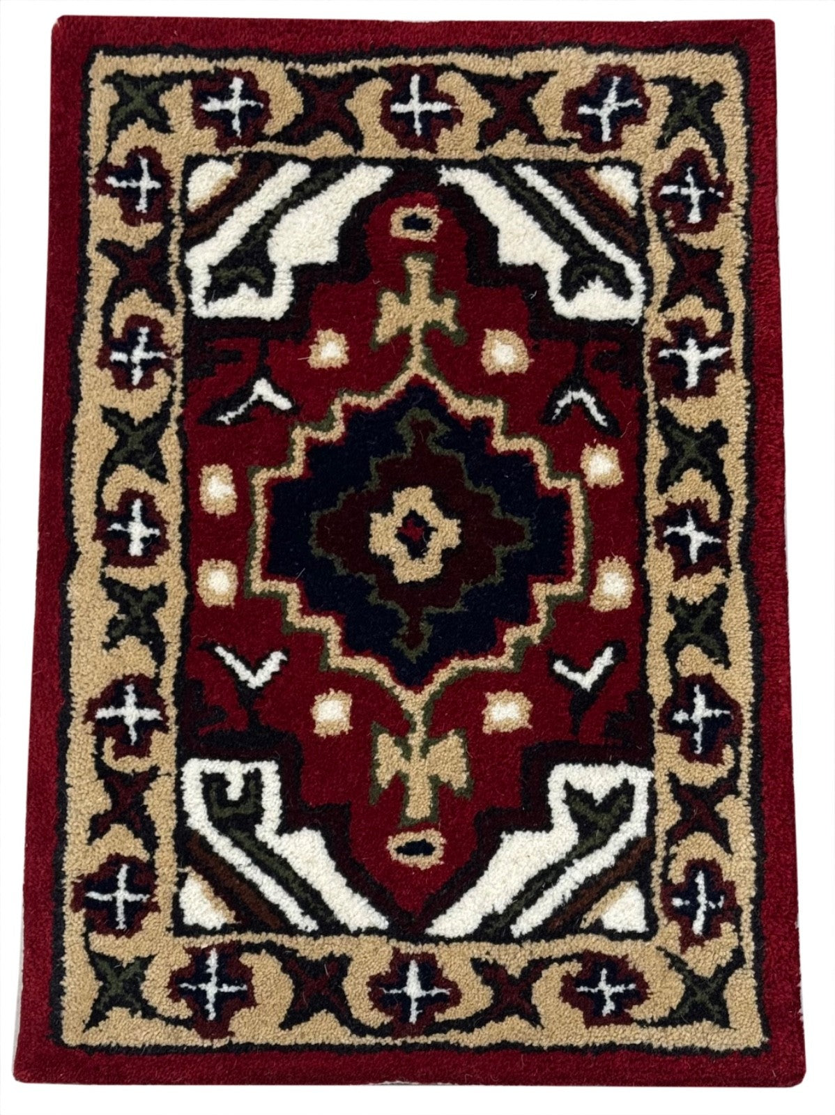 Wollteppich 40x60 Rot Beige Oriental Handgemacht Türvorleger Fussmatte HT372R