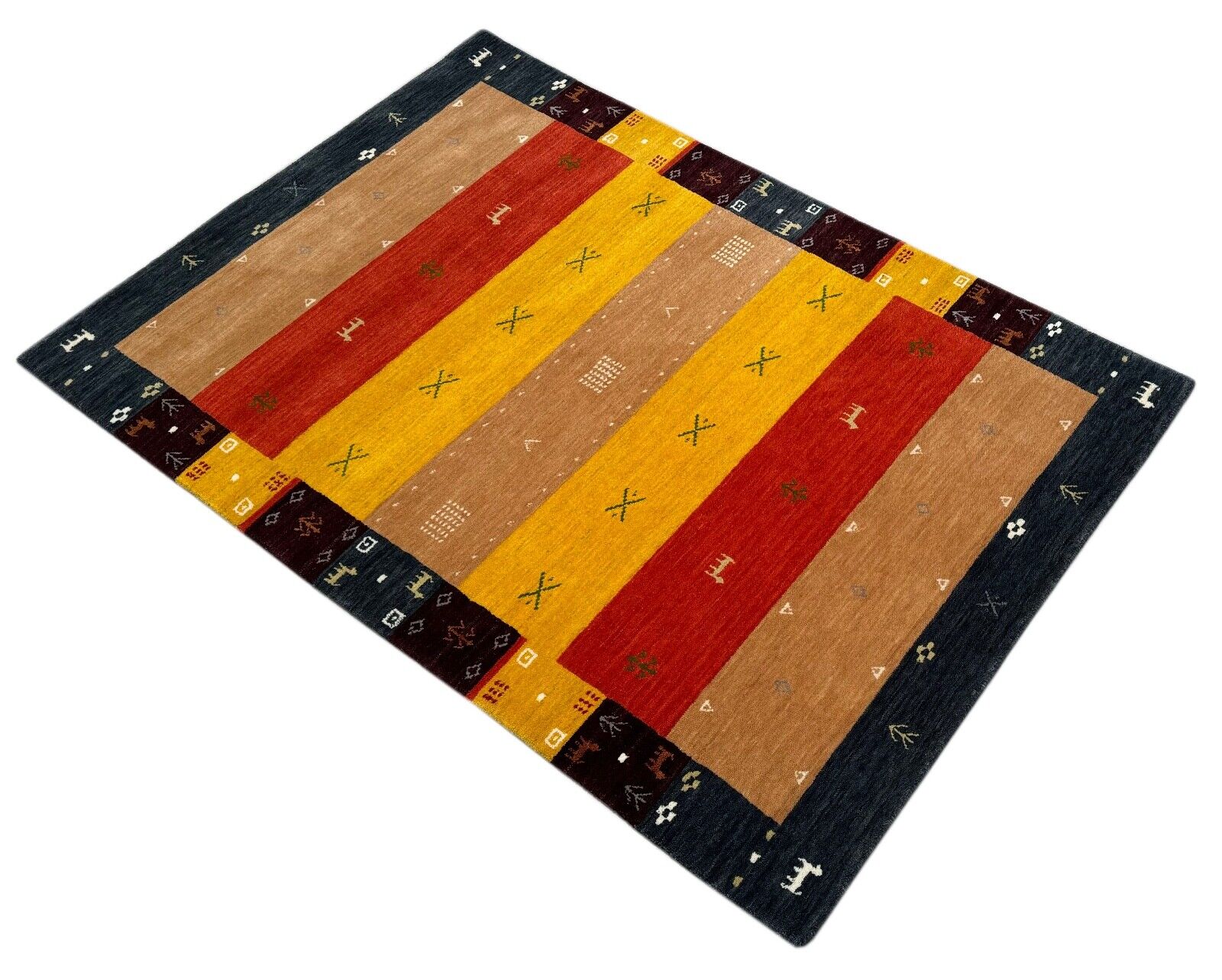 Gabbeh Teppich 100% Wolle 120x180 cm Rot Gelb Bunt Handgewebt Orientteppich BR11