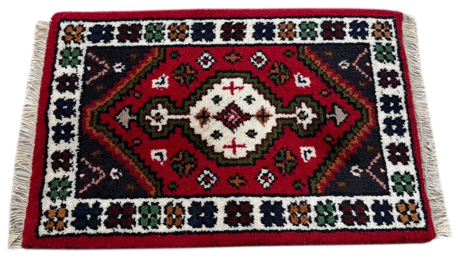 Brücke Teppich 40x60 cm Handgeknüpft Fußmatte Automatte 100% Wolle Rot Blau PH42