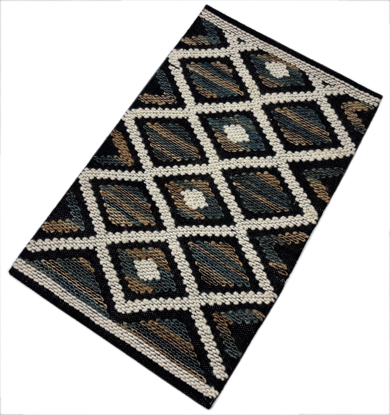 Handgewebter Teppich 60x90cm Schwarz Naturfarben Kilim Dhurrie Wolle Jute D556