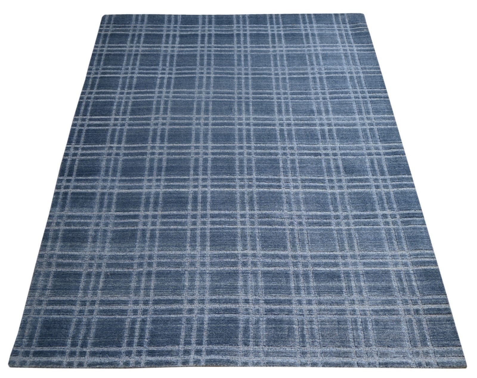 Handgewebter Teppich 170x240 BLAU Glanzoptik Wolle Flach Wohnzimmer SH116