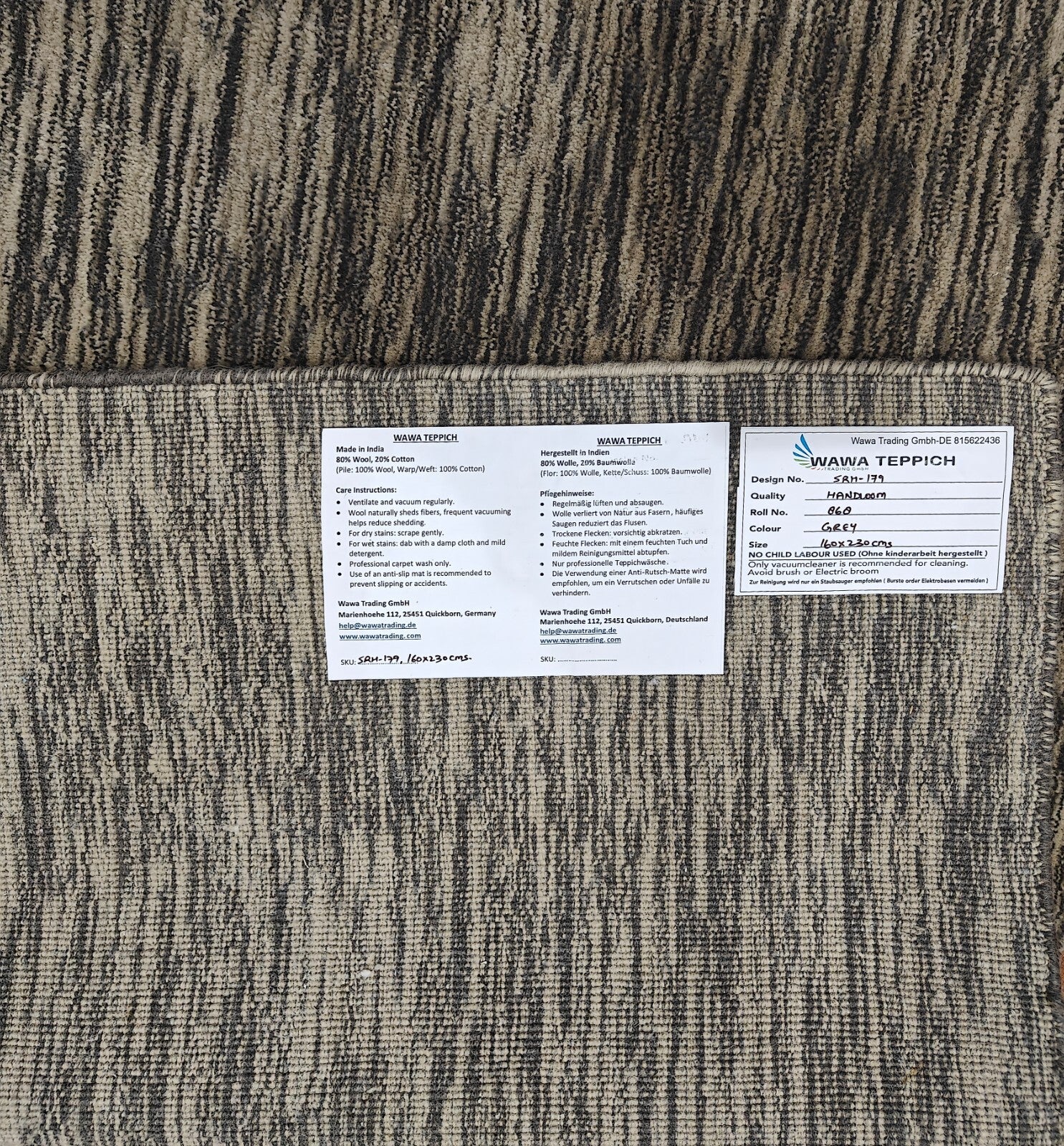 Handgewebter Teppich 160x230 Grau Glanzoptik Wolle  Wohnzimmer SH179