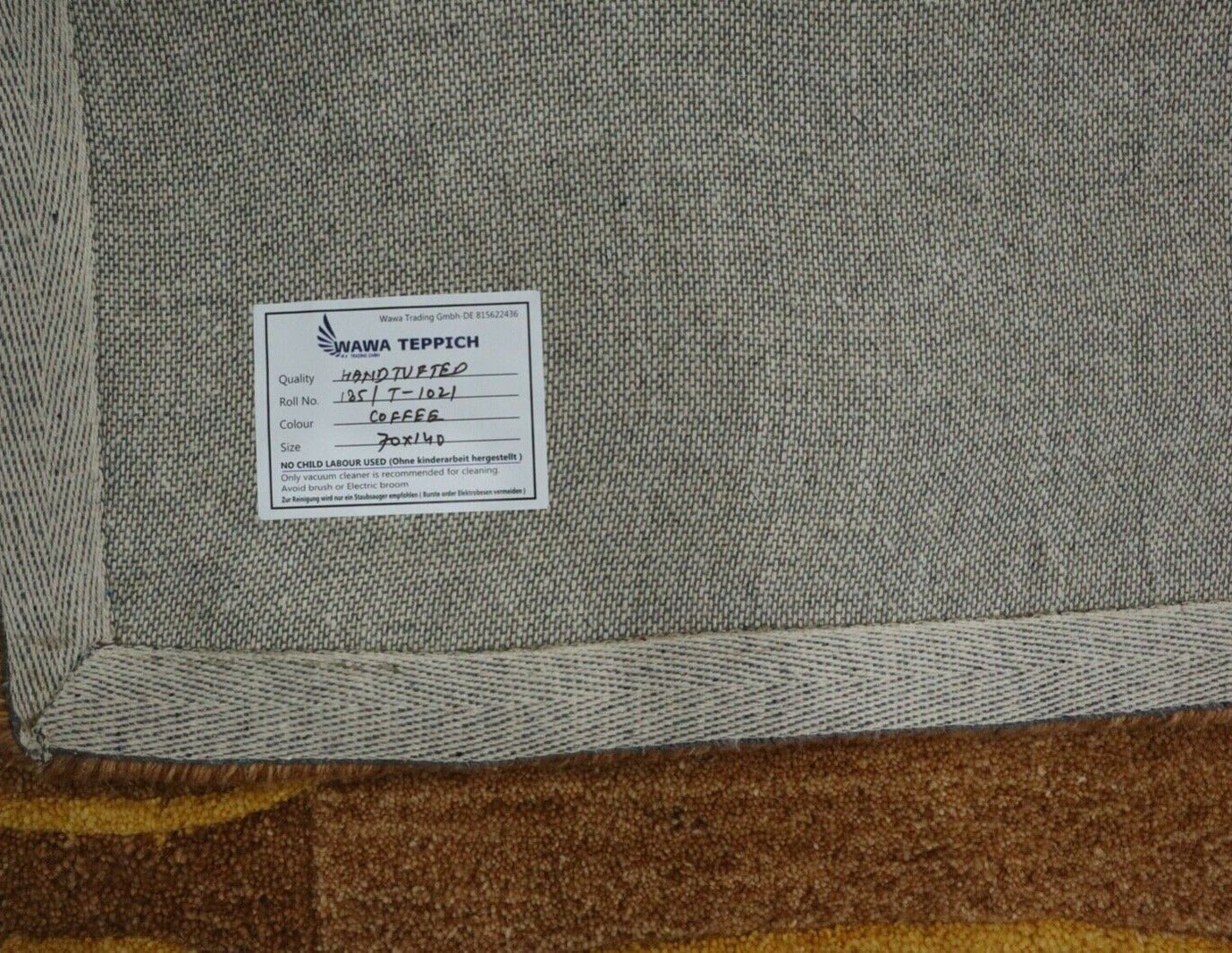 Teppich 100% Wolle 70X140 cm Handarbeit Kaffeefarbe Gold Handgetuftet T1021