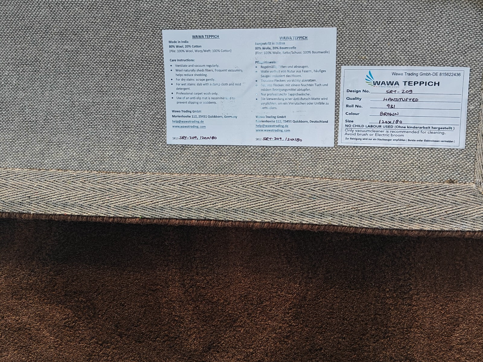 Tappeto in lana annodato a mano 120x180 marrone moderno soggiorno SH209