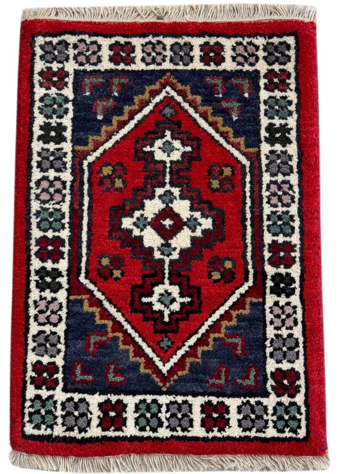 Brücke Teppich 40x60 cm Handgeknüpft Fußmatte Automatte 100% Wolle Rot Blau PH41