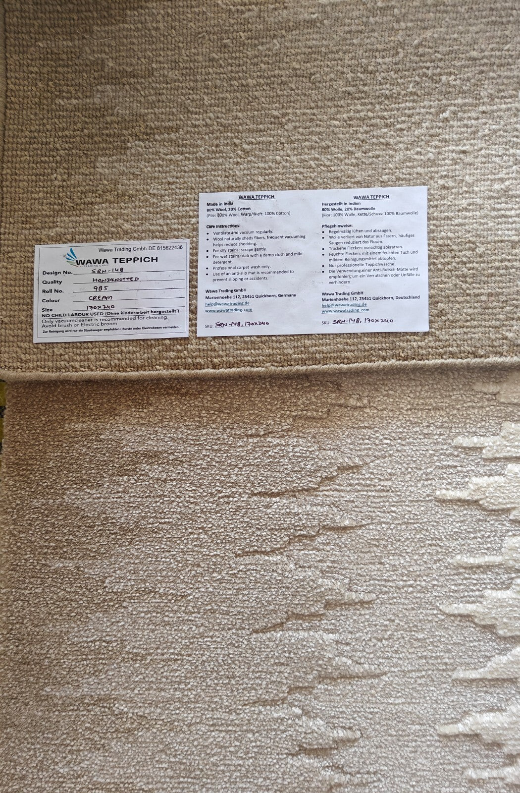 Modernes Handgeknüpfter Wolle 170x240 Vintage Creme Wohnzimmer Teppich SH148