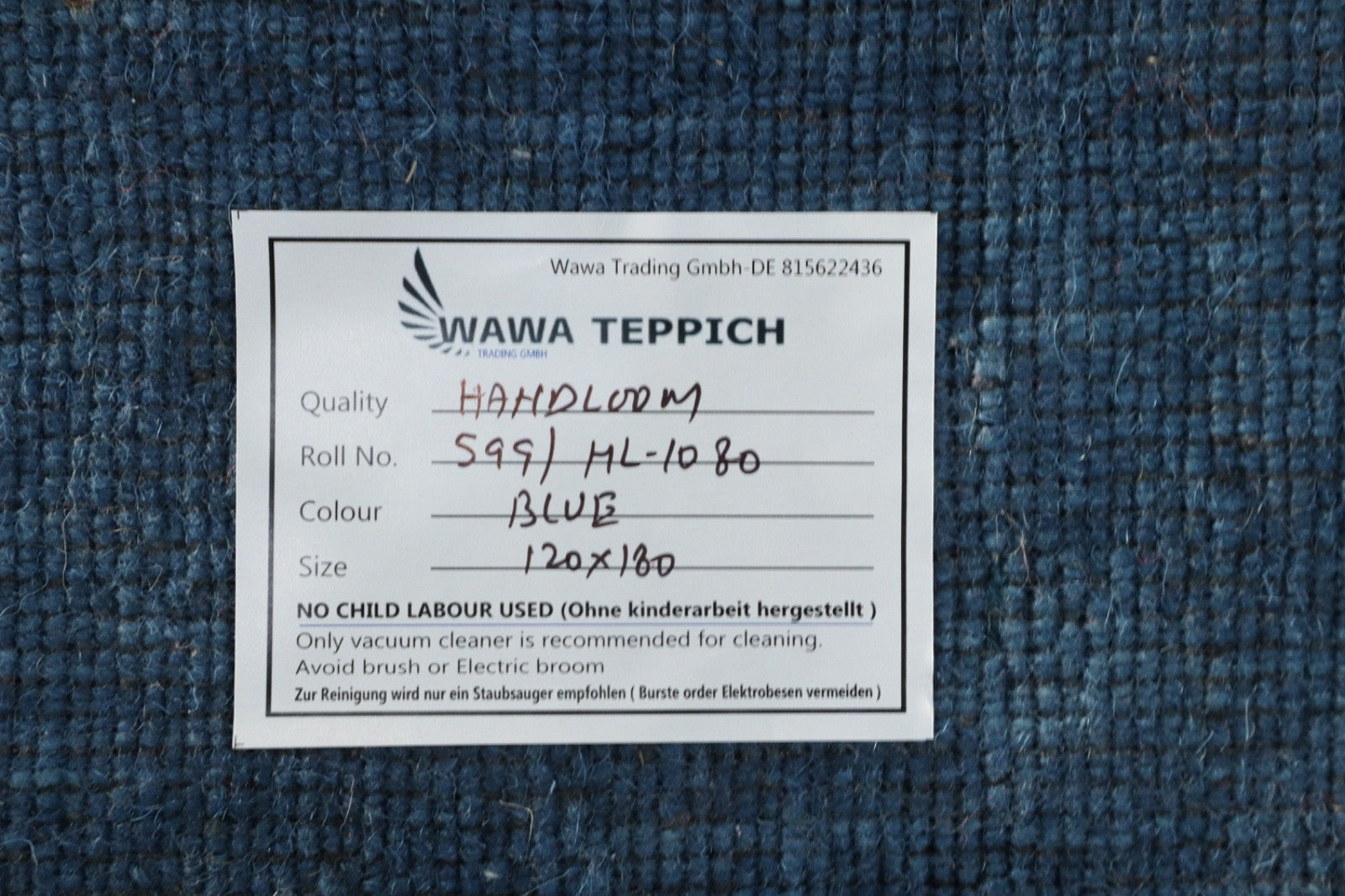 Handgewebter Gabbeh Teppich 100% Wolle Blau Unifarben 120x180 cm HL1080