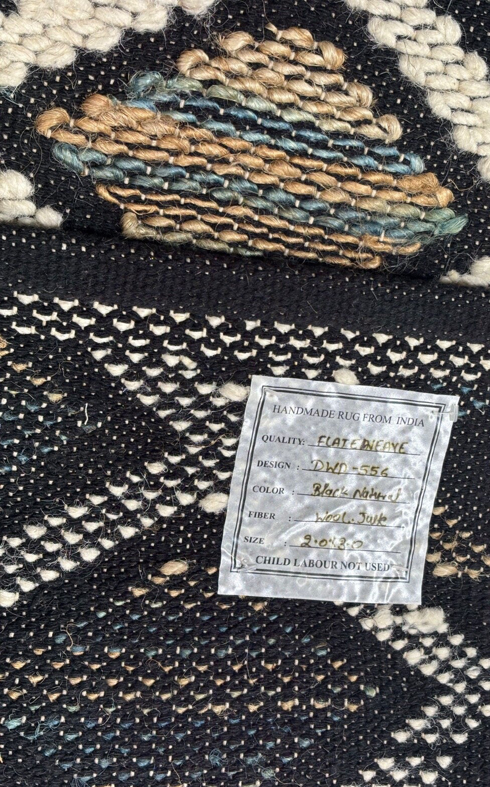 Handgewebter Teppich 60x90cm Schwarz Naturfarben Kilim Dhurrie Wolle Jute D556